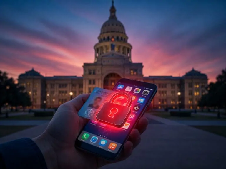 Holographic robot beside a glowing smartphone and digital scales of justice, representing Texas app store age verification Supreme Court ruling.