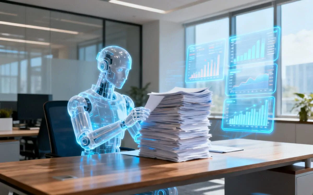 Holographic robot reviewing financial documents for AI investment research