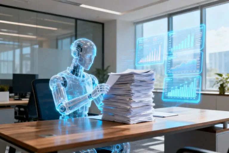 Holographic robot reviewing financial documents for AI investment research