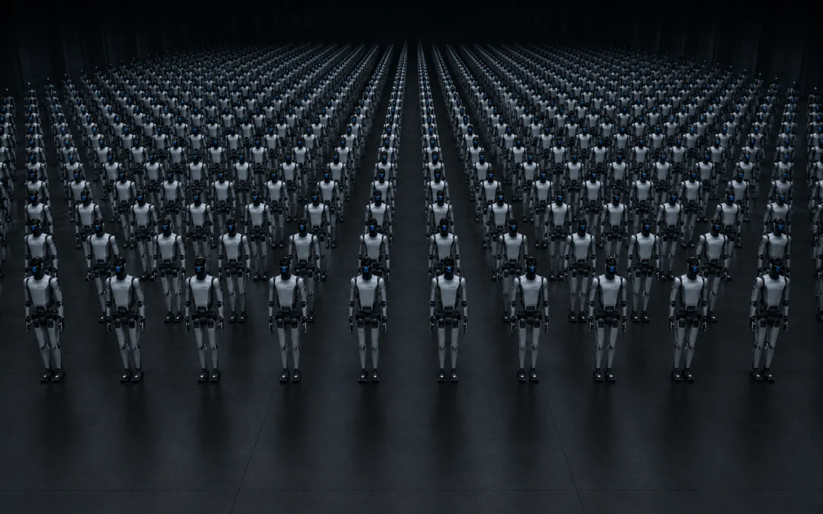 Humanoid robots on a factory floor representing a US robotics import ban