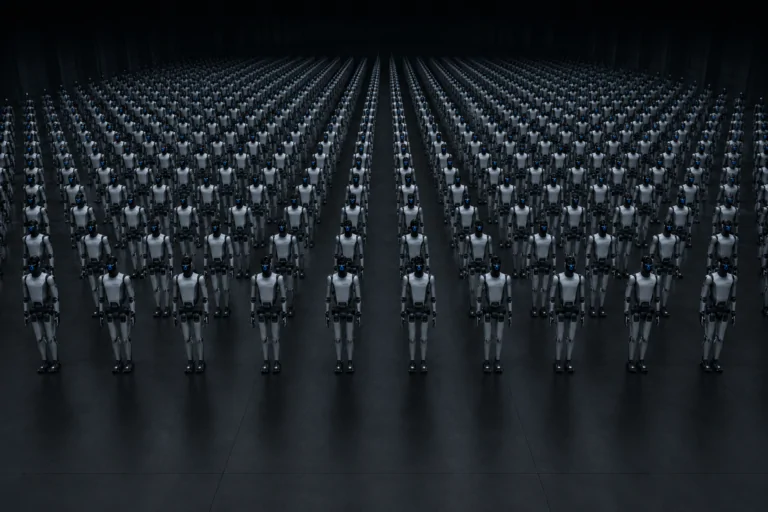 Humanoid robots on a factory floor representing a US robotics import ban