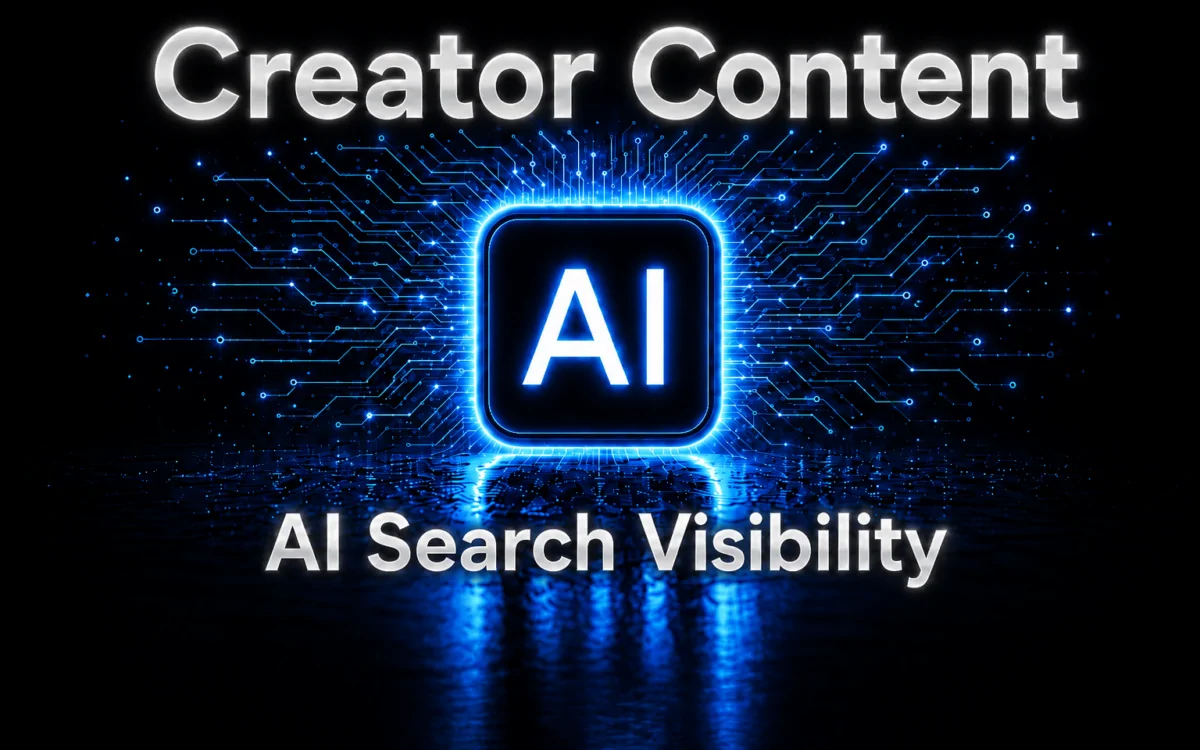 Holographic robot beside laptop showing creator content and brand mentions for AI search visibility