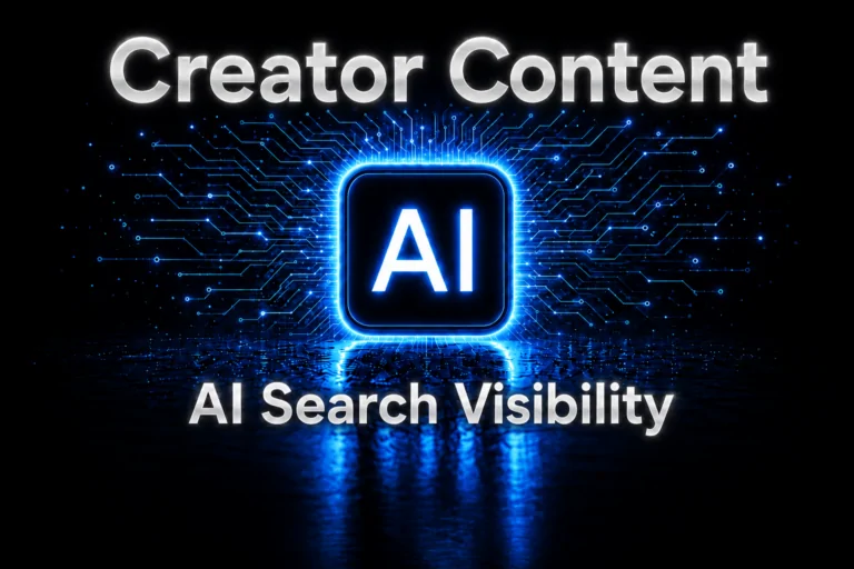 Holographic robot beside laptop showing creator content and brand mentions for AI search visibility