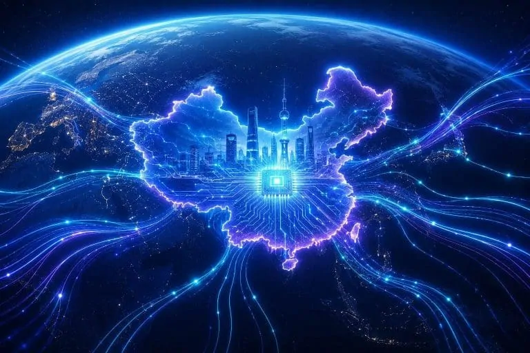 Xi Jinping speaking at the World AI Conference with a holographic robot on stage