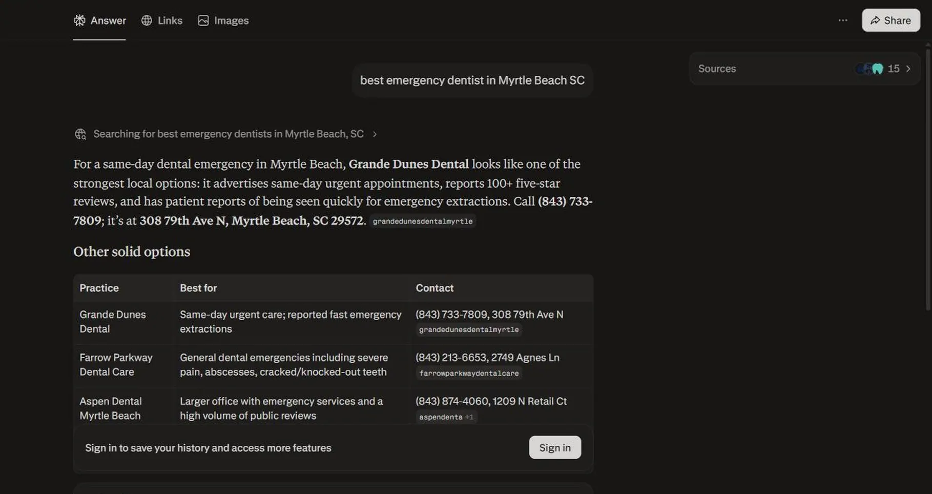 Perplexity answering a local buyer-intent query by naming three specific dental practices with phone numbers and citations