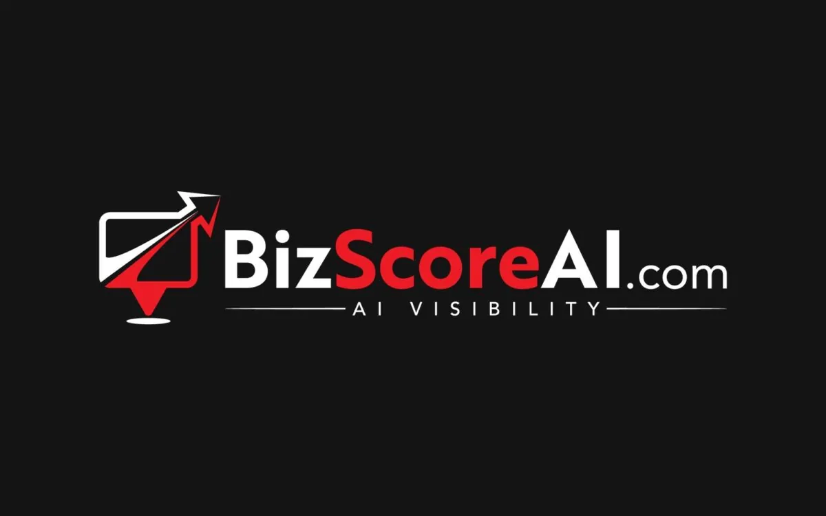 Holographic robot running an AI visibility audit on a business website, with structured data and trust signal icons floating above