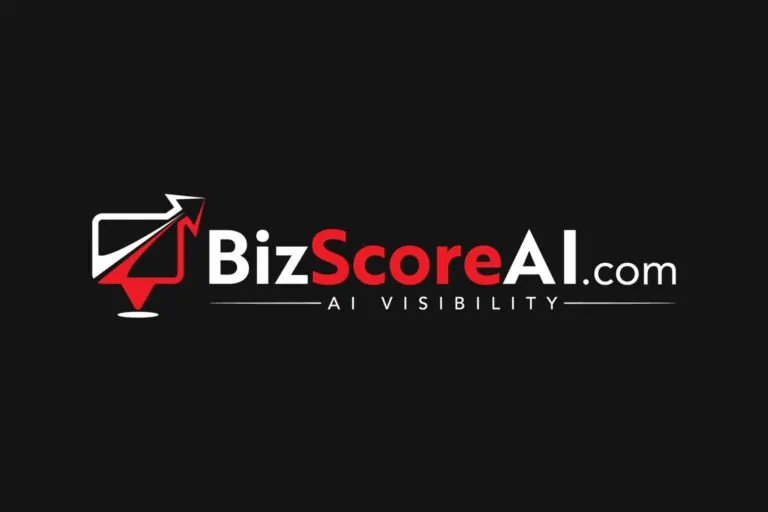 Holographic robot running an AI visibility audit on a business website, with structured data and trust signal icons floating above
