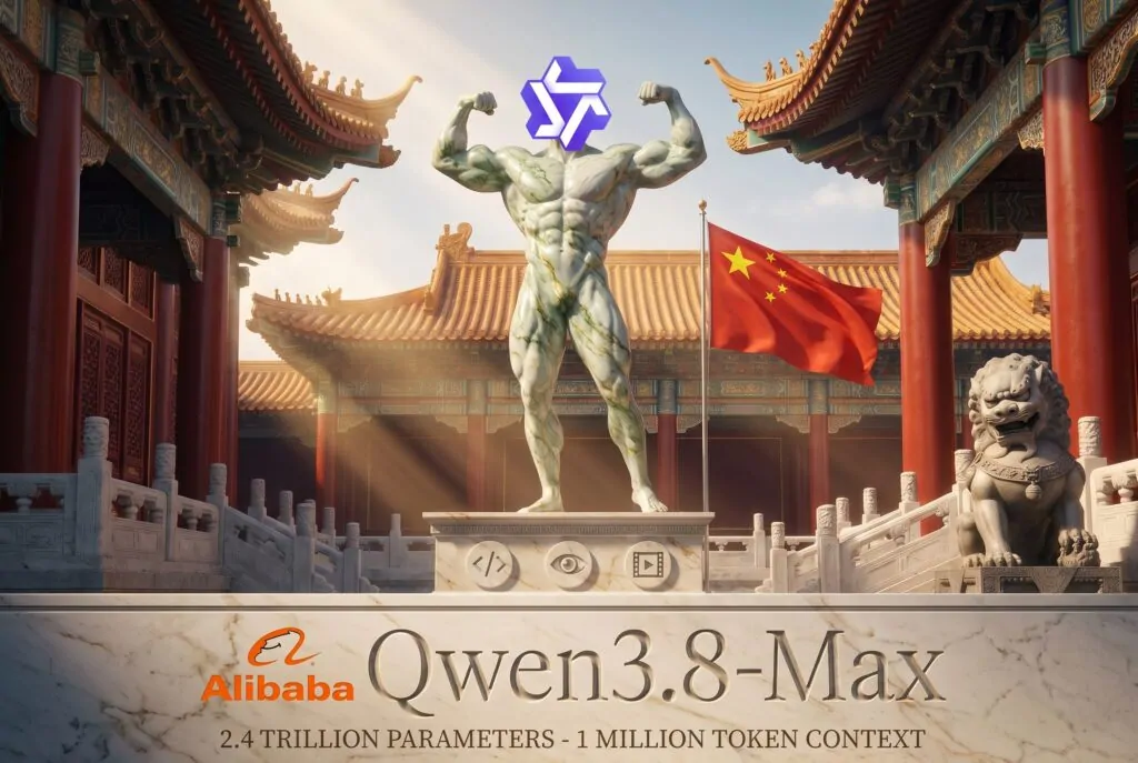 Alibaba Qwen3.8-Max shown as a stone bodybuilder statue before a Chinese imperial palace