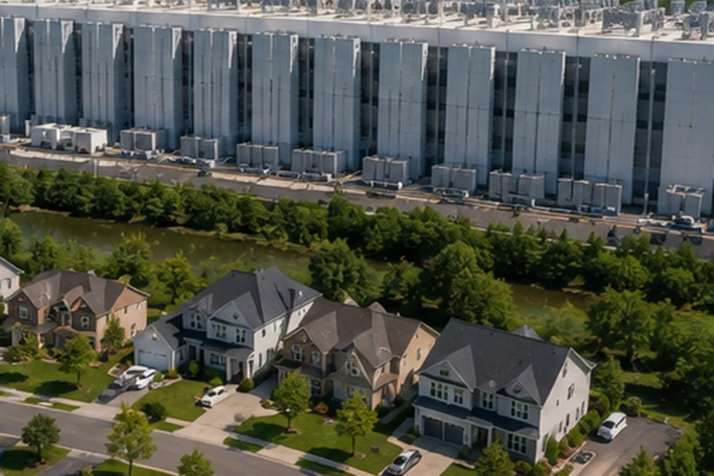 Data center complex near rural American homes and protest signs