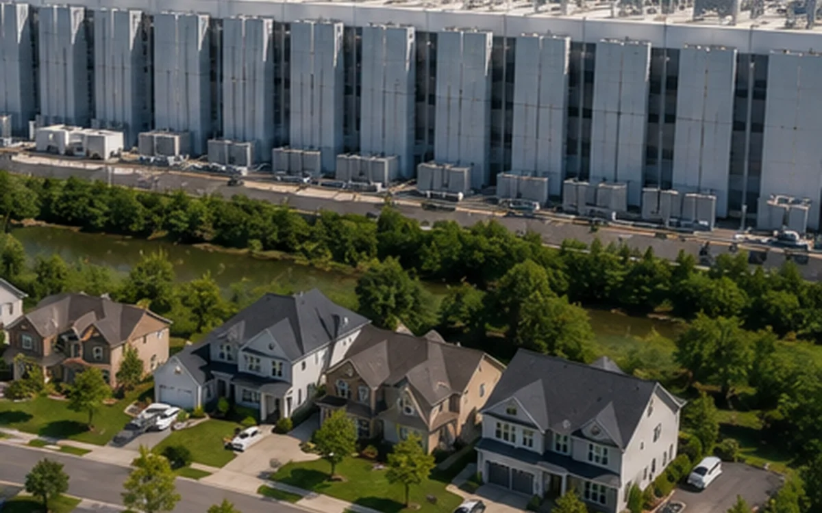 Data center complex near rural American homes and protest signs