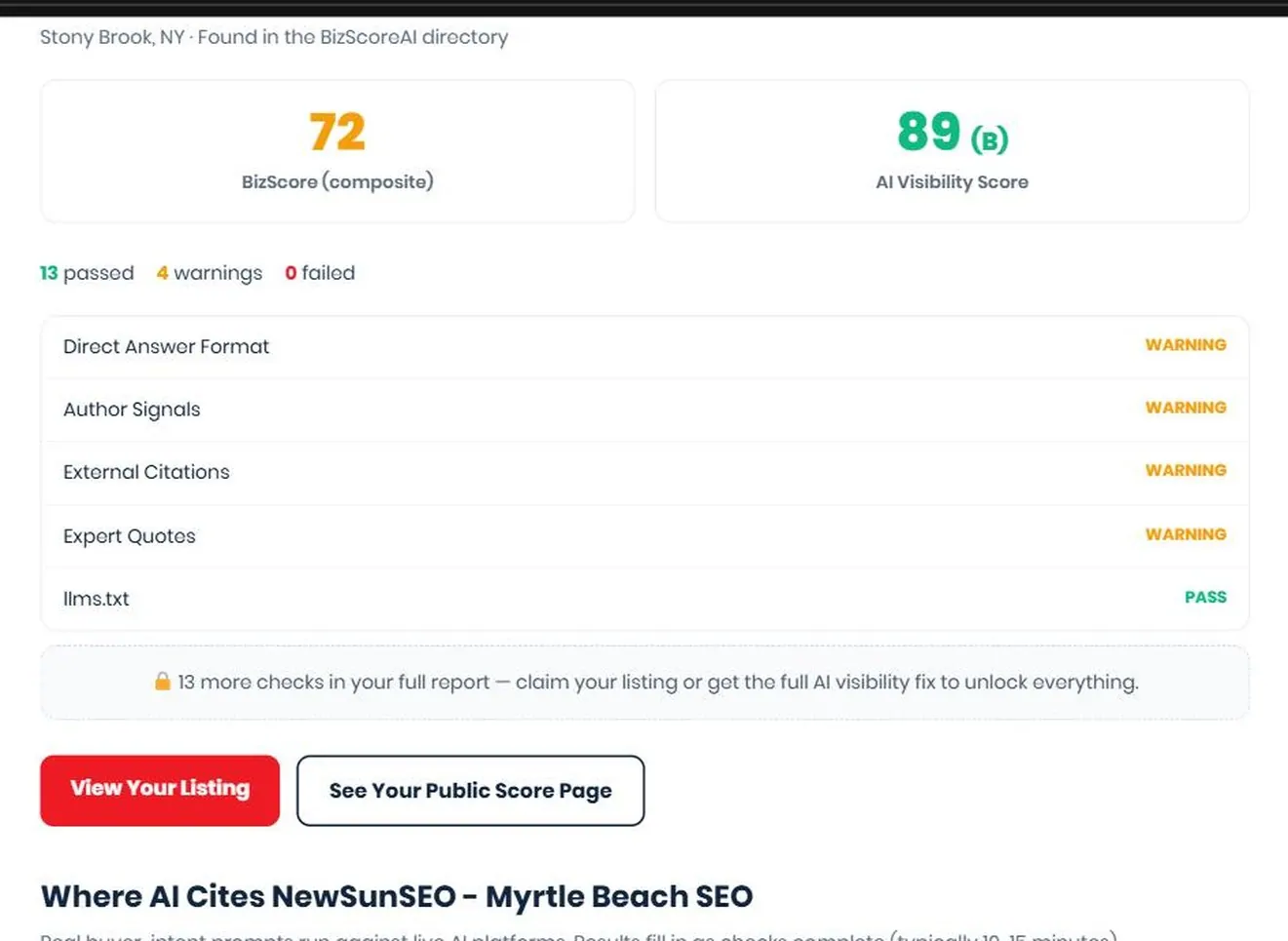 BizScoreAI scan result showing an AI visibility score of 89 with thirteen checks passed and four warnings