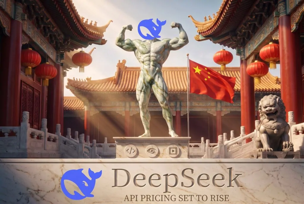DeepSeek shown as a stone bodybuilder statue before a Chinese imperial palace