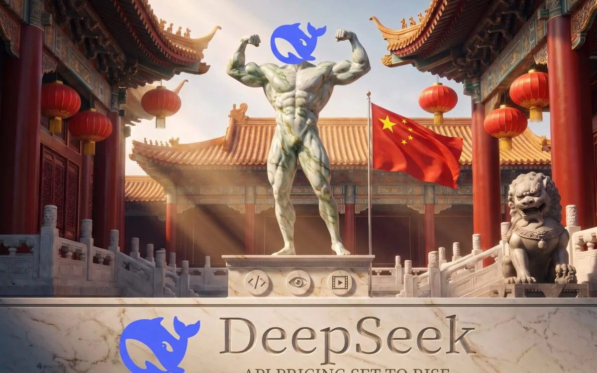 DeepSeek shown as a stone bodybuilder statue before a Chinese imperial palace