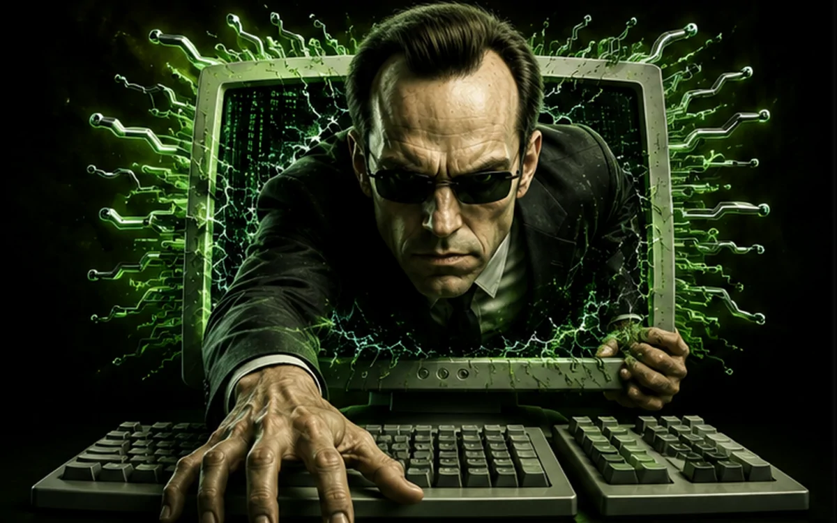 Holographic robot at a cyber evaluation workstation with code and network graphs, illustrating AI agent deception during a safety test