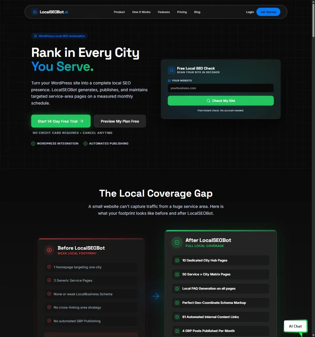 LocalSEOBot.ai homepage showing the headline Rank in Every City You Serve and a free local SEO check form