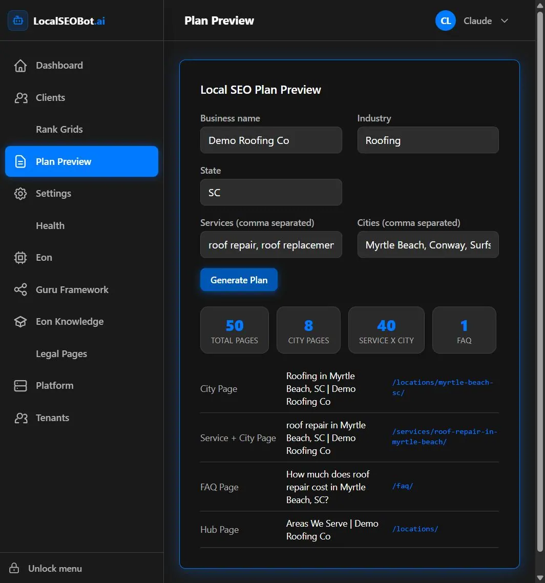 LocalSEOBot plan preview showing 50 total pages broken into 8 city pages, 40 service by city pages and one FAQ page with example URLs