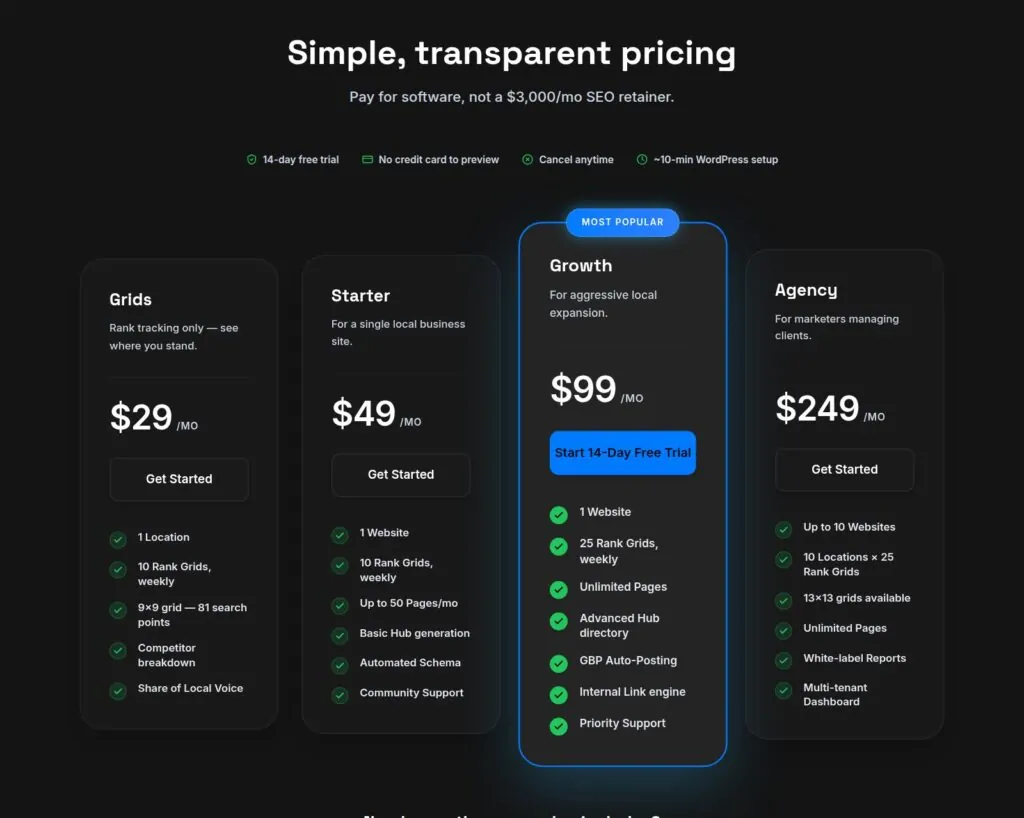 LocalSEOBot.ai pricing section showing the Grids, Starter, Growth and Agency plans with a 14 day free trial
