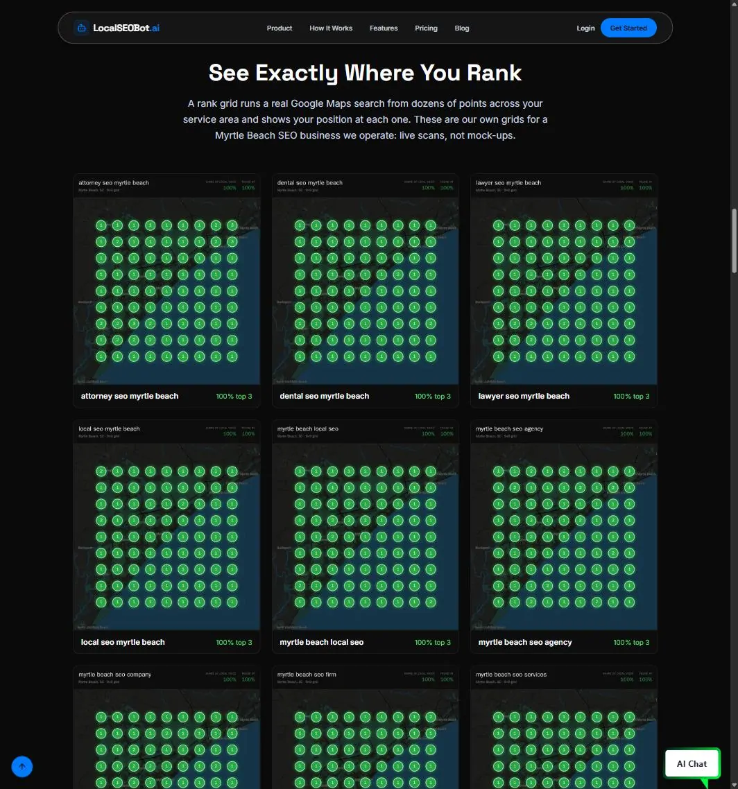 Gallery of twenty four rank grids on the LocalSEOBot homepage, each showing green top three rankings across Myrtle Beach