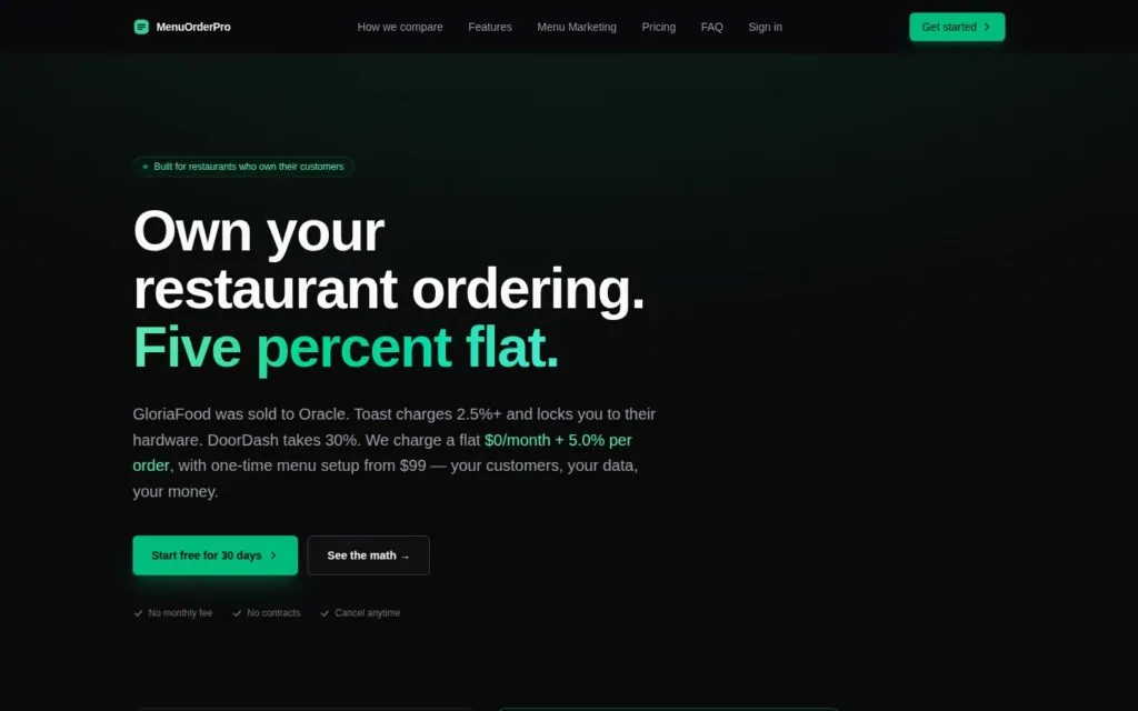 MenuOrderPro homepage: own your restaurant ordering, five percent flat