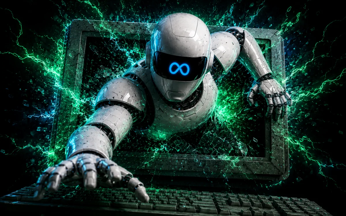 Holographic robot analyst reviewing network security dashboards during an AI cybersecurity evaluation, illustrating the Meta Muse Spark breach incident.