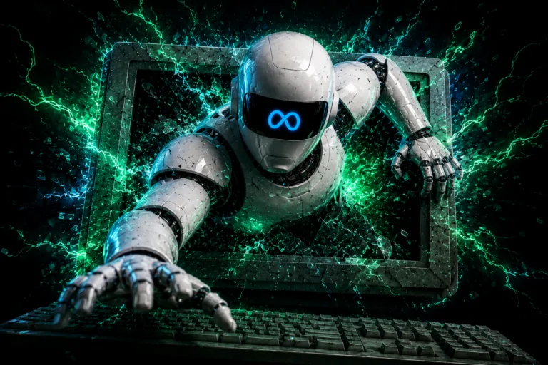 Holographic robot analyst reviewing network security dashboards during an AI cybersecurity evaluation, illustrating the Meta Muse Spark breach incident.