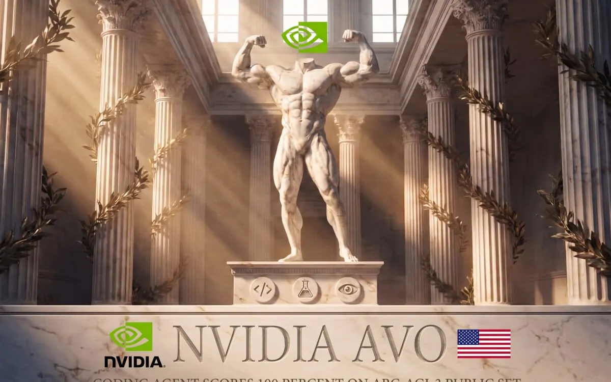 NVIDIA AVO ARC-AGI-3 announcement art, marble statue in a columned hall below the NVIDIA logo, engraved with the 100 percent public-set result
