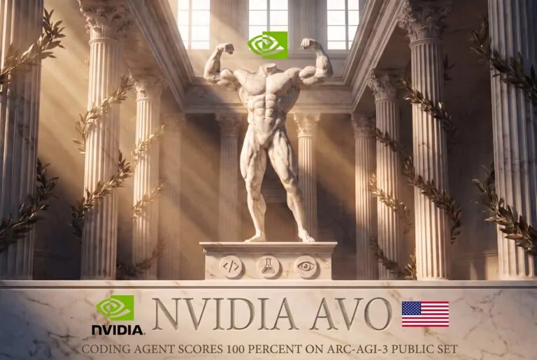 NVIDIA AVO ARC-AGI-3 announcement art, marble statue in a columned hall below the NVIDIA logo, engraved with the 100 percent public-set result
