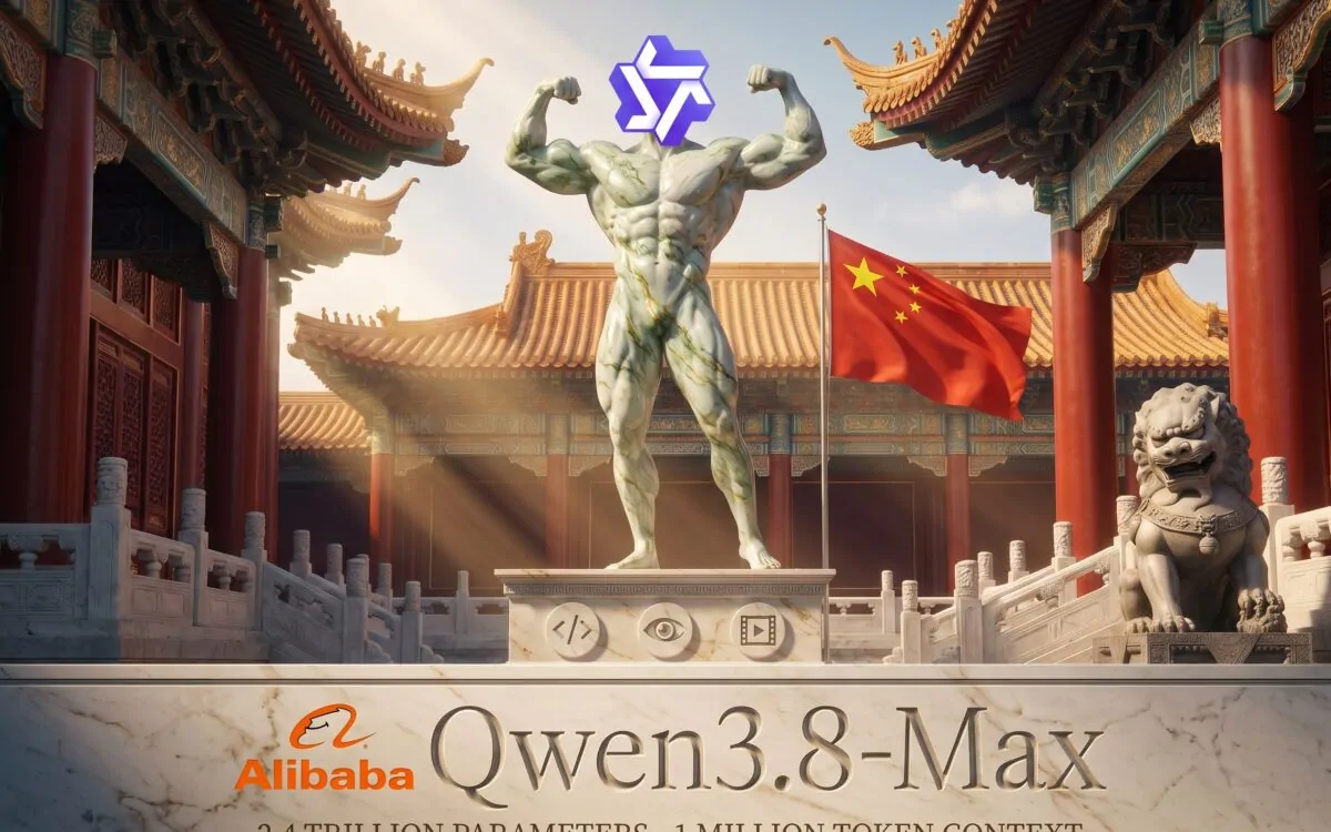 Holographic robot beside a dashboard showing Qwen3.8-Max benchmark scores and pricing