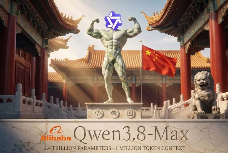 Holographic robot beside a dashboard showing Qwen3.8-Max benchmark scores and pricing