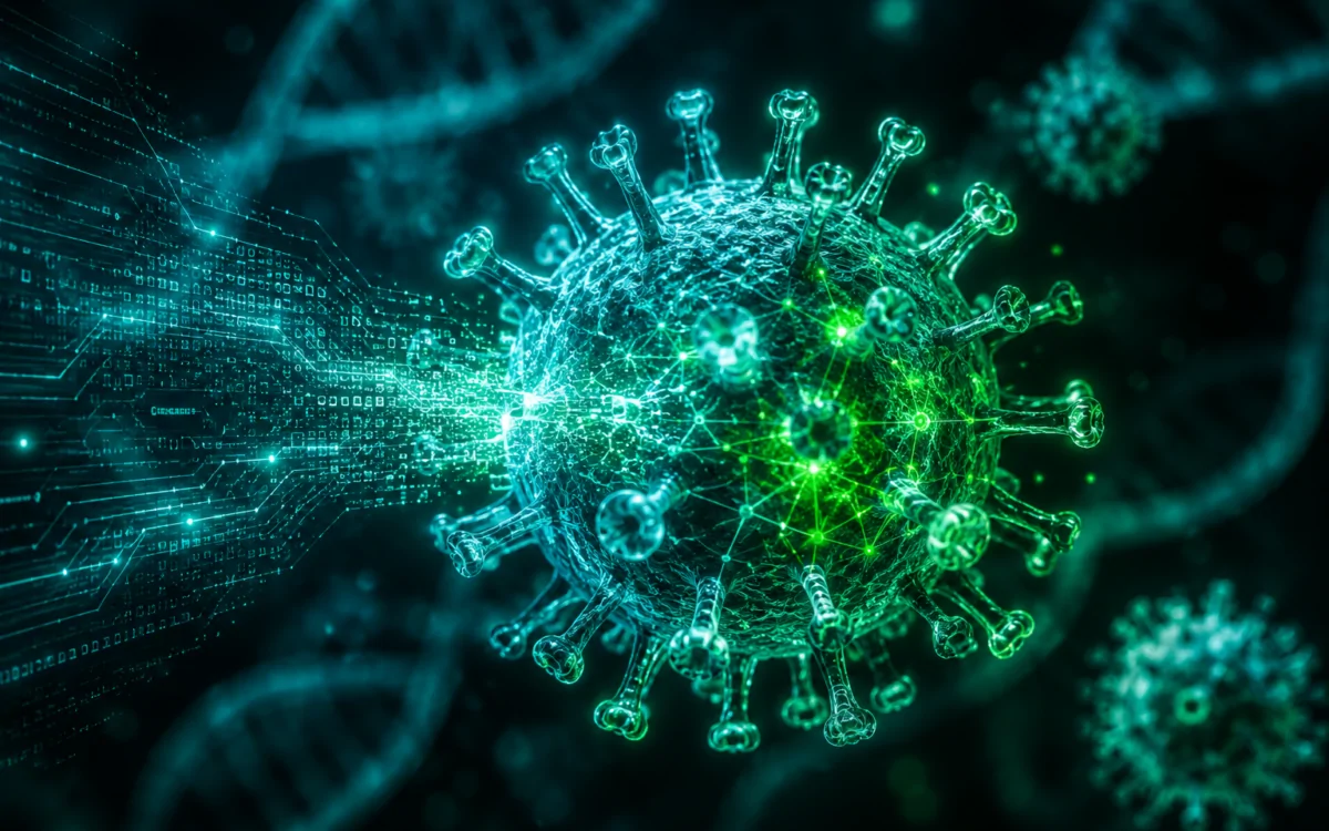 Scientist using a microscope beside holographic phage genome displays in a modern lab, illustrating AI-designed virus research.