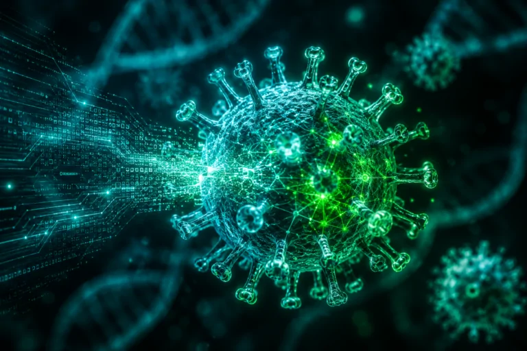 Scientist using a microscope beside holographic phage genome displays in a modern lab, illustrating AI-designed virus research.