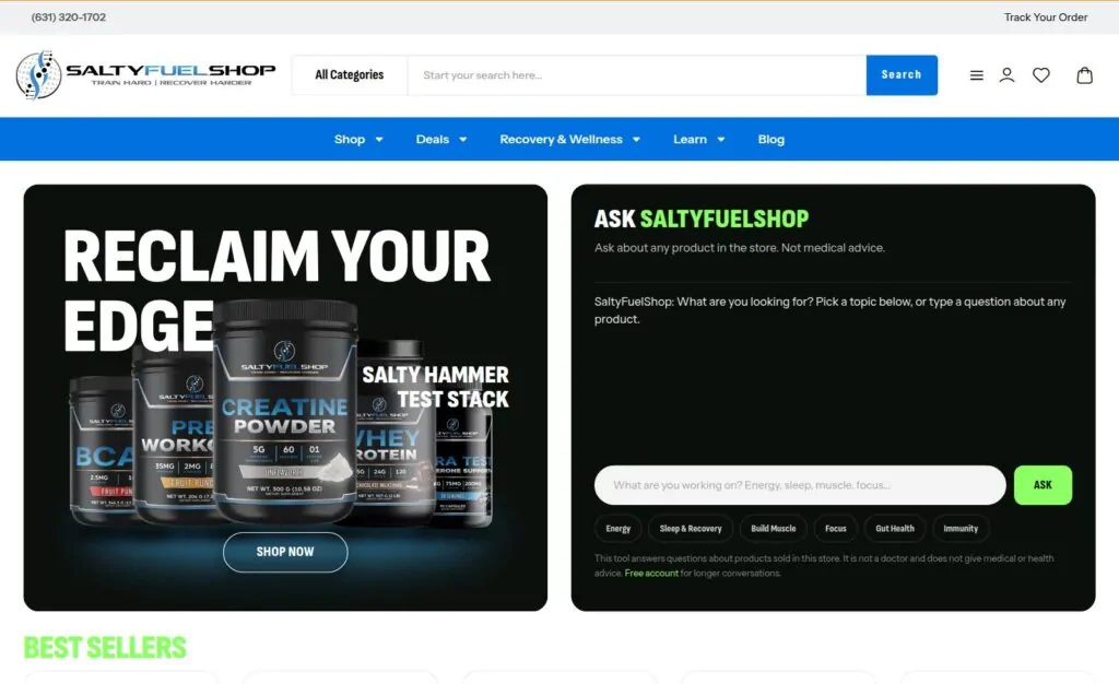 SaltyFuelShop.com homepage with the Ask SaltyFuelShop AI product assistant beside the main banner