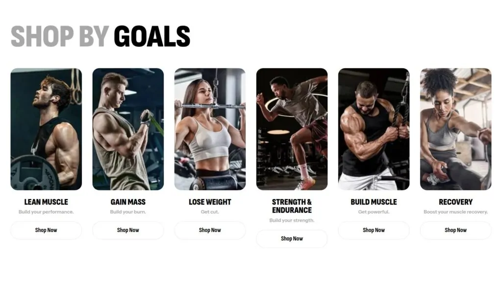 SaltyFuelShop.com Shop by Goals section with categories for lean muscle, gain mass, lose weight, strength and endurance, build muscle and recovery