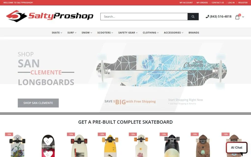 SaltyProShop.com homepage showing skate, surf and snow categories and featured longboards