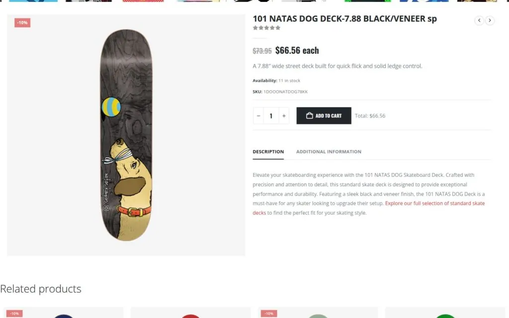 SaltyProShop.com product page for a 101 Natas Dog skateboard deck with price, short description, stock level and full product description