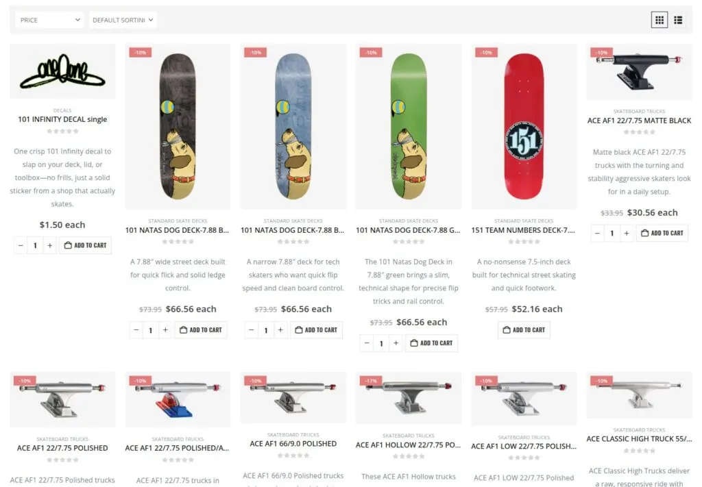 SaltyProShop.com skate category grid showing decks, trucks and decals with prices and add to cart buttons