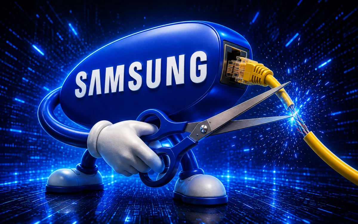 Smart TV in a living room with a holographic robot pulling data from it, illustrating Samsung TV apps routing outside traffic through home networks