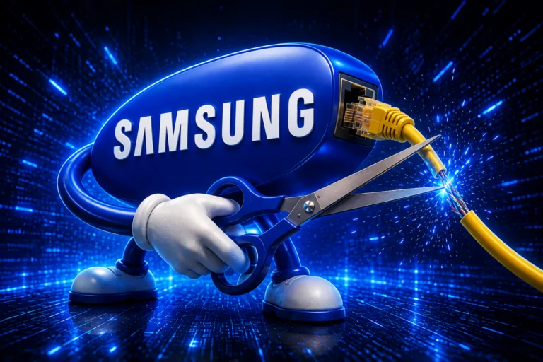 Smart TV in a living room with a holographic robot pulling data from it, illustrating Samsung TV apps routing outside traffic through home networks