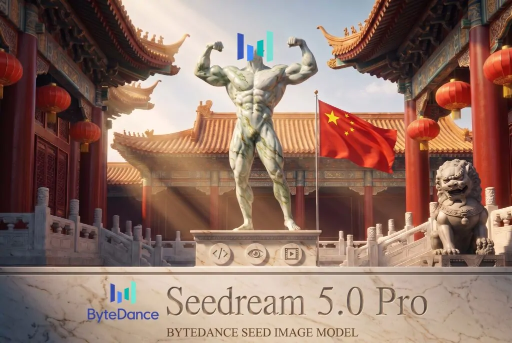 Seedream 5.0 Pro shown as a stone bodybuilder statue before a Chinese imperial palace
