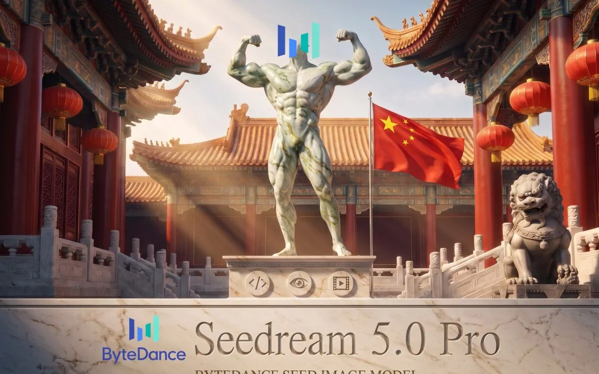 Seedream 5.0 Pro shown as a stone bodybuilder statue before a Chinese imperial palace