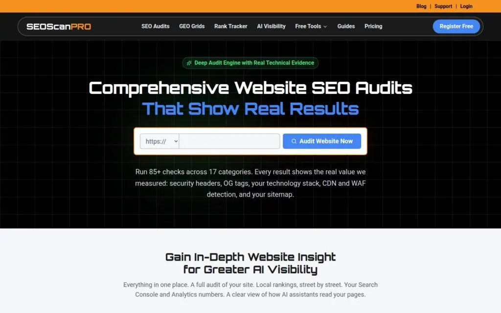 SEOScanPro.ai homepage with the Audit Website Now form