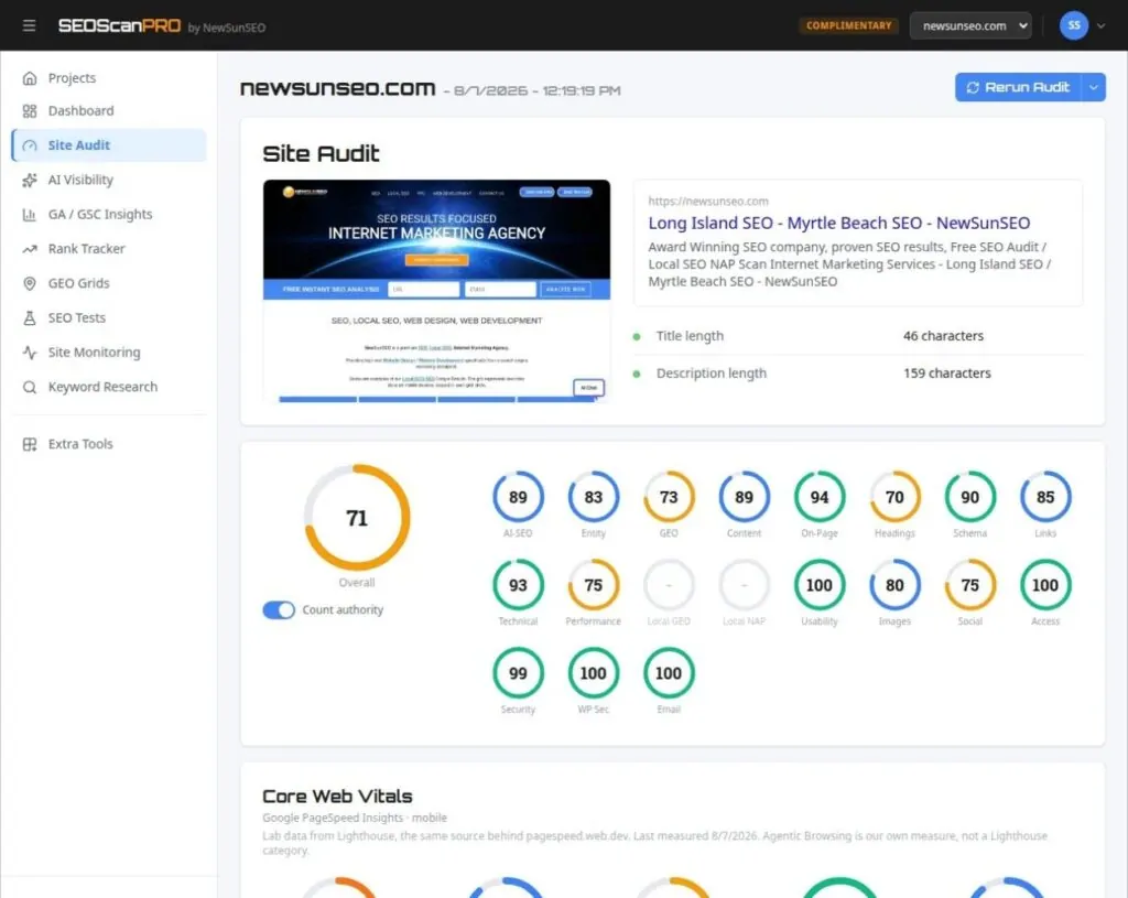 SEOScanPro site audit report for newsunseo.com showing the page capture, the search result preview and a score ring for every category