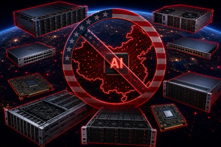 Holographic robot inspecting rows of server racks in a data centre, illustrating US scrutiny of Chinese hardware in AI infrastructure.
