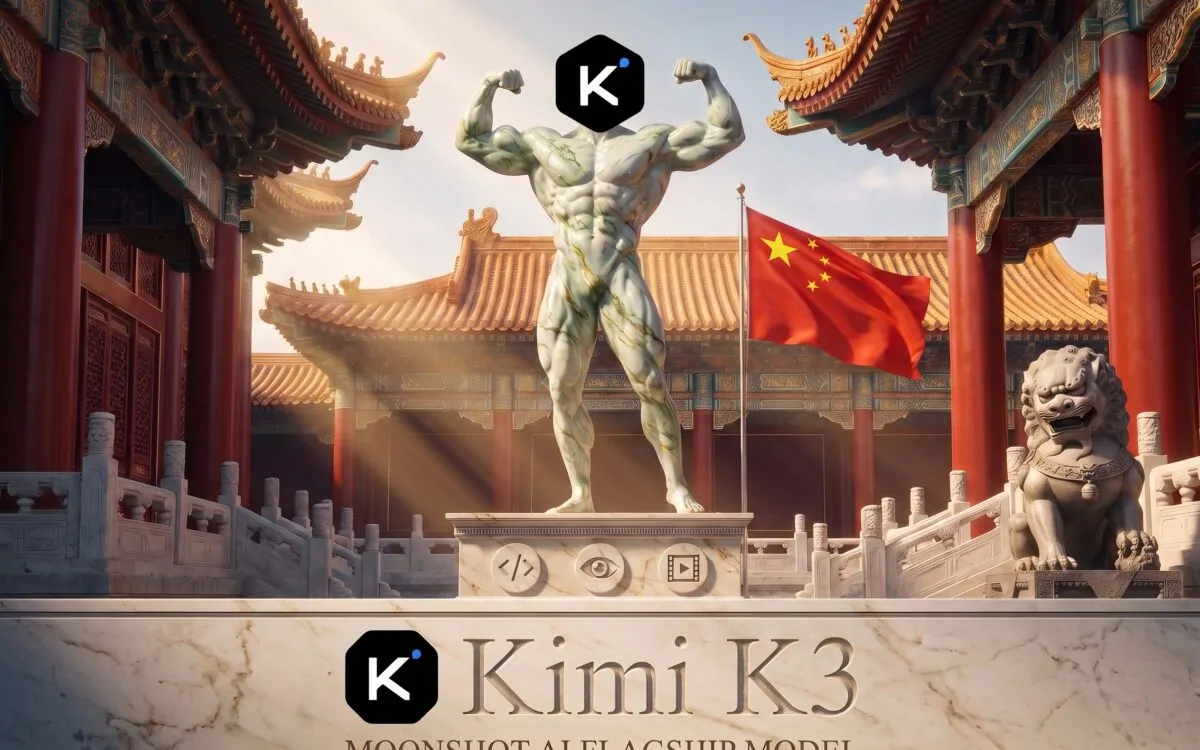 Kimi K3 from Moonshot AI shown as a stone bodybuilder statue before a Chinese imperial palace