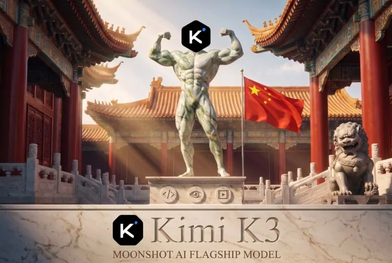 Kimi K3 from Moonshot AI shown as a stone bodybuilder statue before a Chinese imperial palace