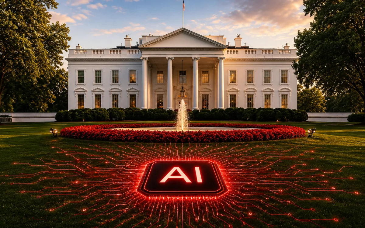 Holographic robot at a White House table with executives reviewing AI cybersecurity framework documents