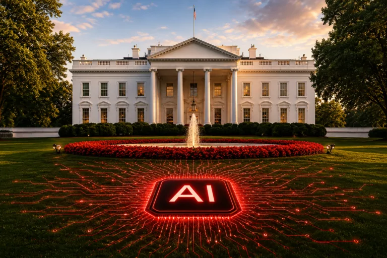 Holographic robot at a White House table with executives reviewing AI cybersecurity framework documents