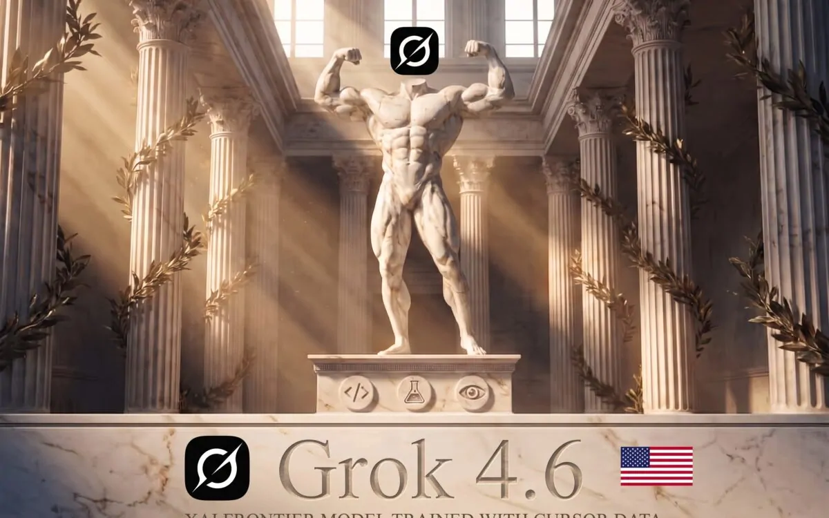 Holographic robot at workstation with floating code and benchmark charts representing xAI's Grok 4.6 release