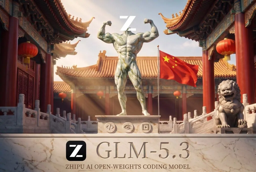 GLM-5.3 from Zhipu AI shown as a stone bodybuilder statue before a Chinese imperial palace