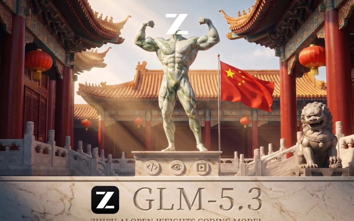 GLM-5.3 from Zhipu AI shown as a stone bodybuilder statue before a Chinese imperial palace